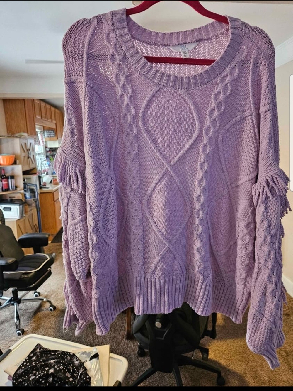 Time and Tru Lavender Cable-Knit Fringe Crewneck Sweater XXXL